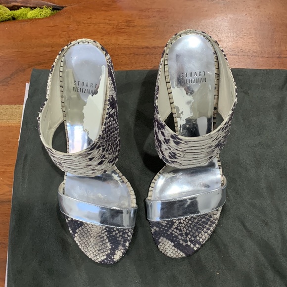 Stuart Weitzman Python 🐍 My Slide Heels silver snakeskin metallic strap 8.5 - Picture 3 of 11